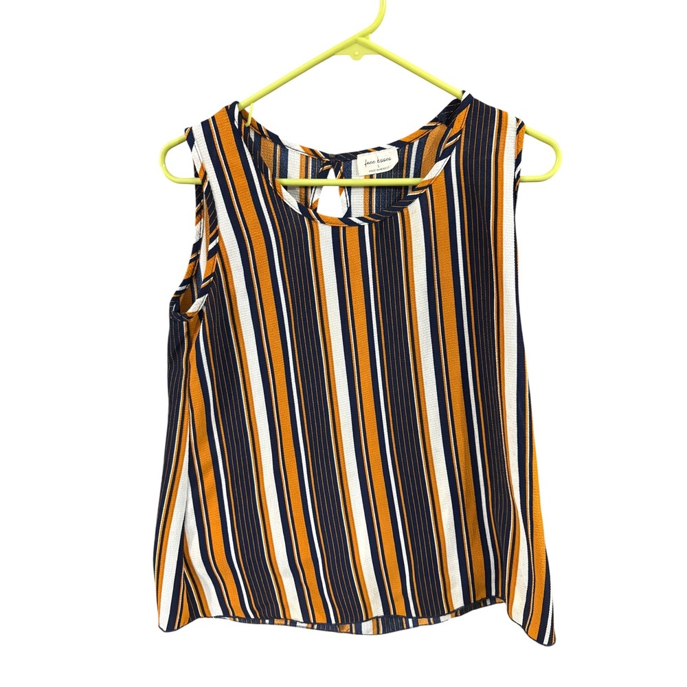 Free Kisses Women Mustard Navy White Striped Sleeveless Keyhole Back Blouse Lg